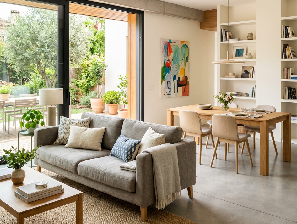 Bright open-plan living room and dining area with garden views