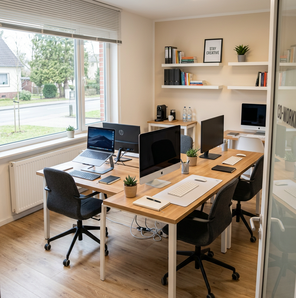 Bright modern office with desks, computers, plants, and wall shelves