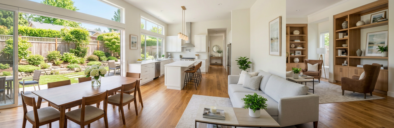 Bright open-plan kitchen, dining area, and living room with garden views