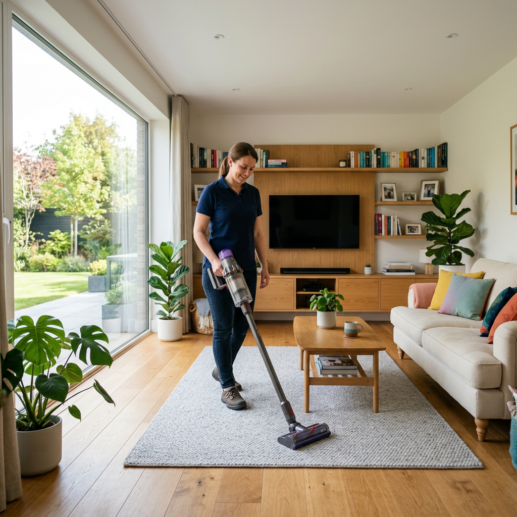 Woman vacuuming a bright living room with plants and a garden view
