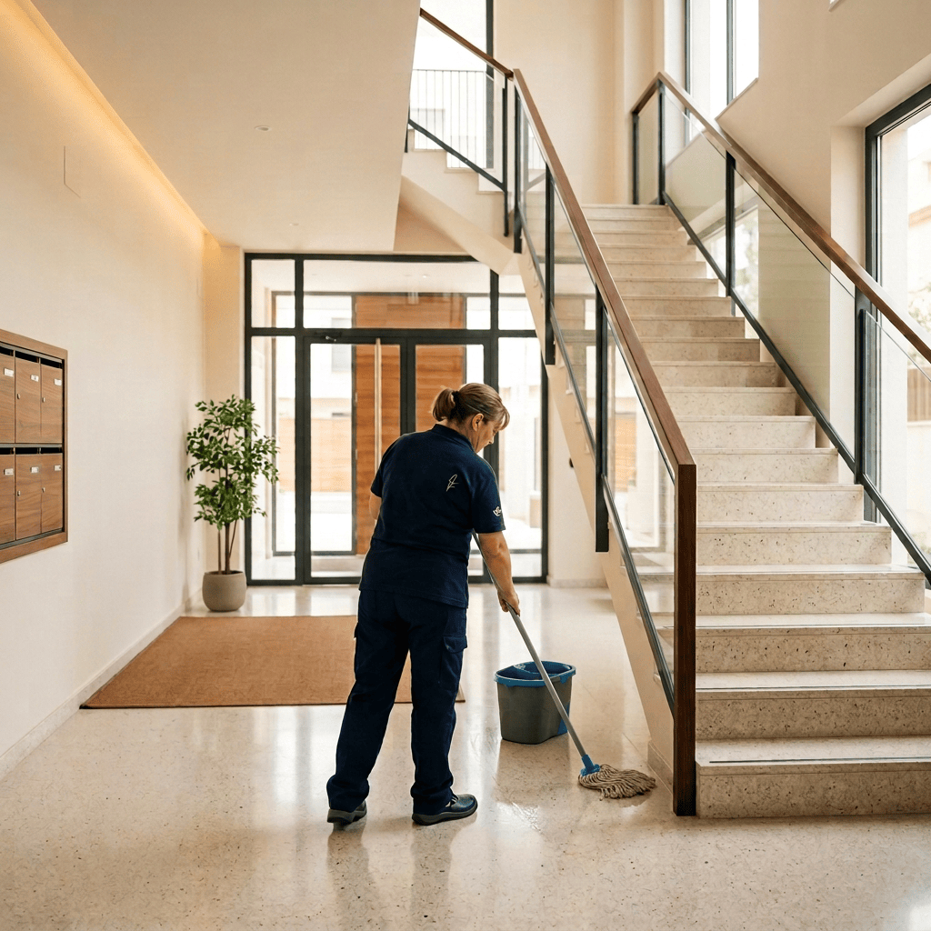 Cleaner mopping a modern lobby floor beside a staircase
