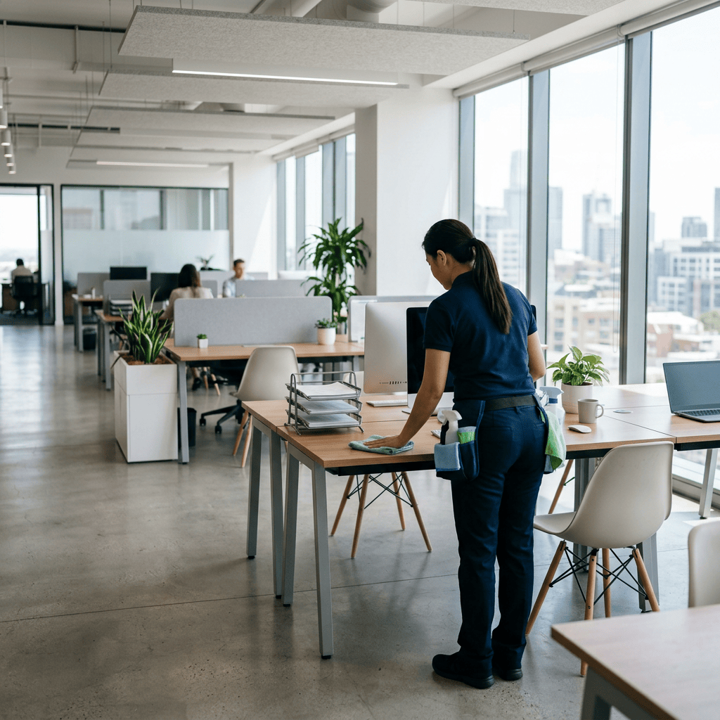 Cleaner sanitizes a desk in a bright modern office