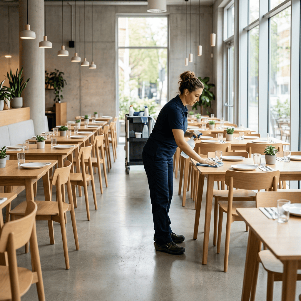 Restaurant worker wiping a table between rows of set dining tables