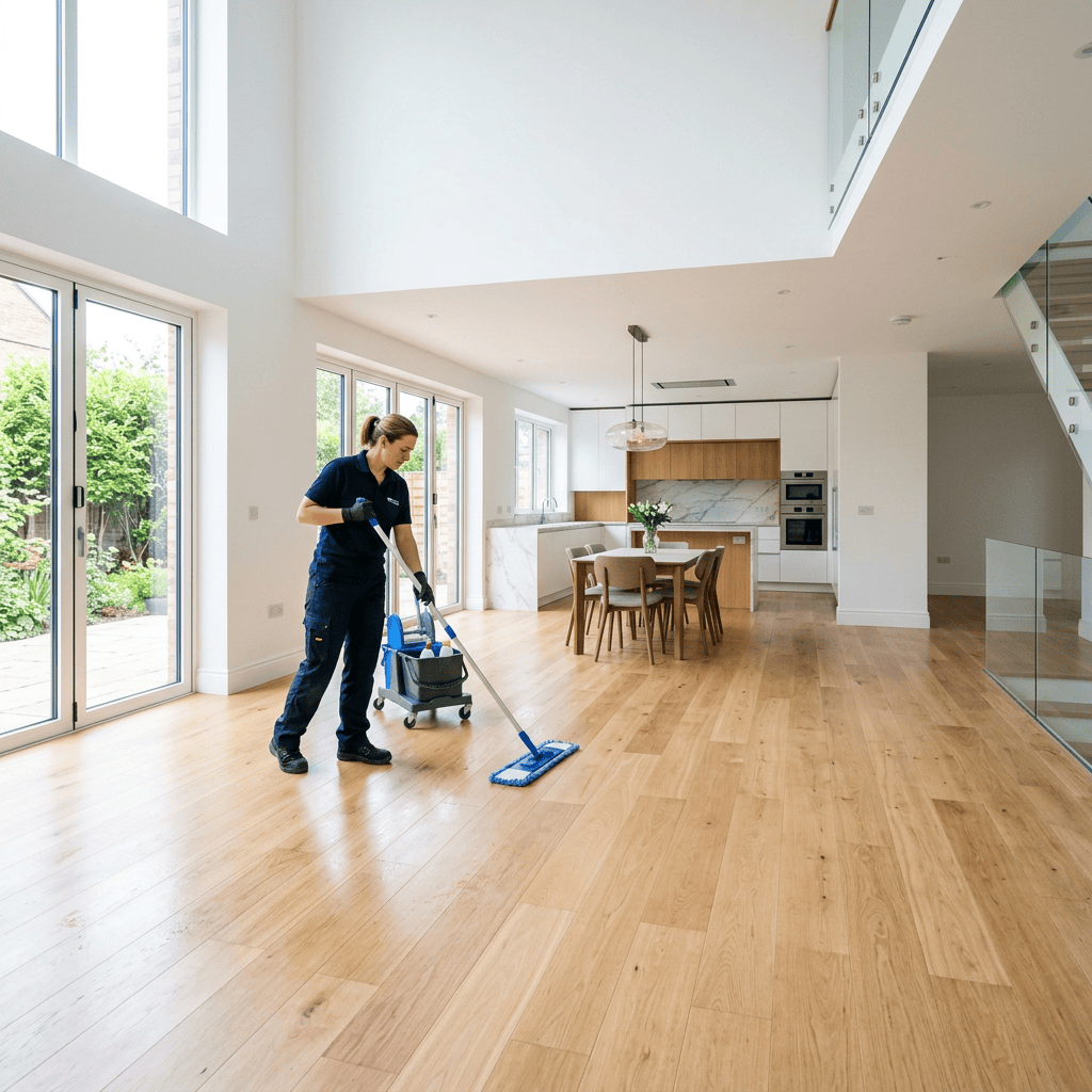 Cleaner mopping a wooden floor in a bright modern kitchen and dining area