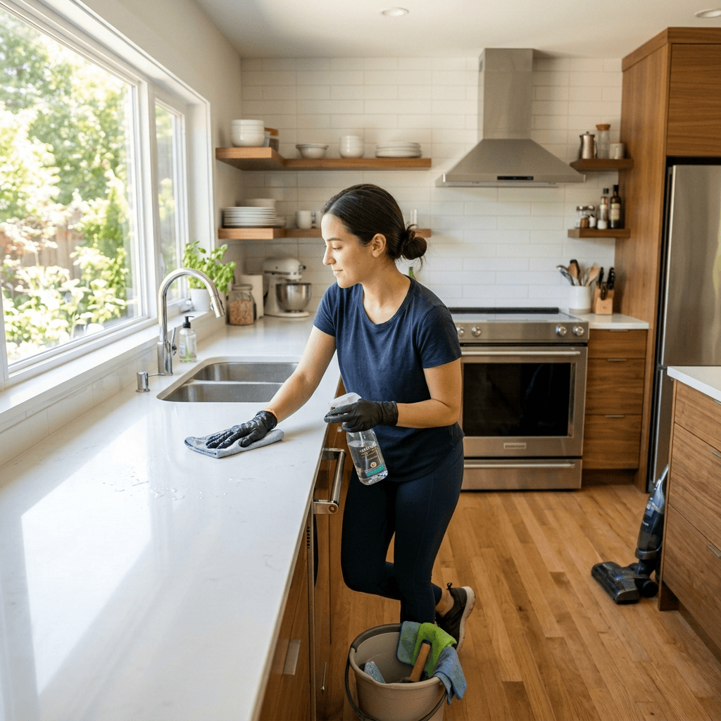 Woman wearing gloves wipes a kitchen counter with cleaning spray